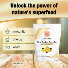 Samsara Herbs Pine Pollen Powder packaging highlights wildharvested quality and premium sourcing.