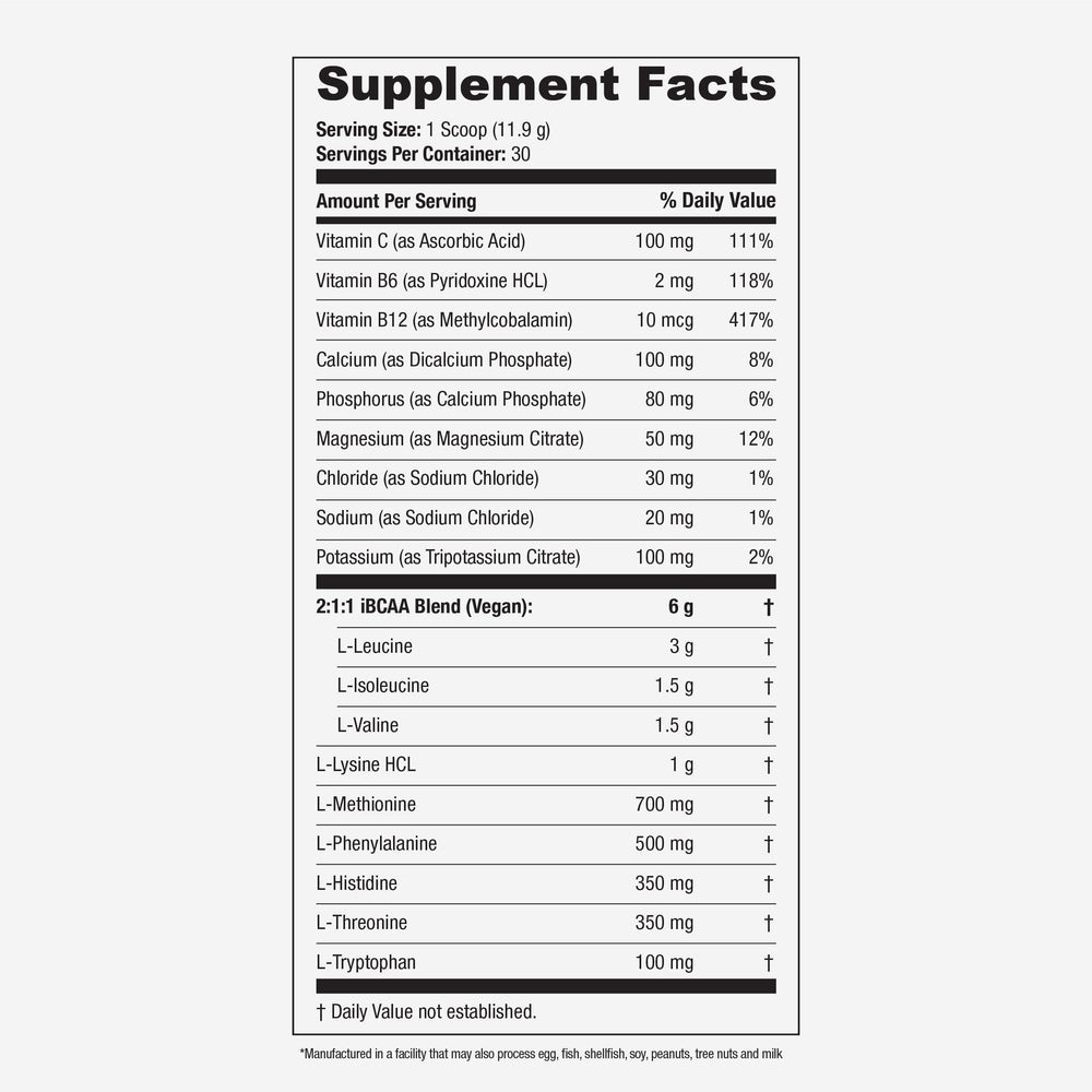 Close-up of SAN EAA Hydration label with 9 EAAs and electrolytes