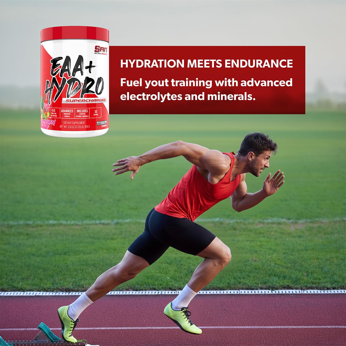 Close-up of SAN EAA Hydration Maui Punch label with amino acids and electrolytes