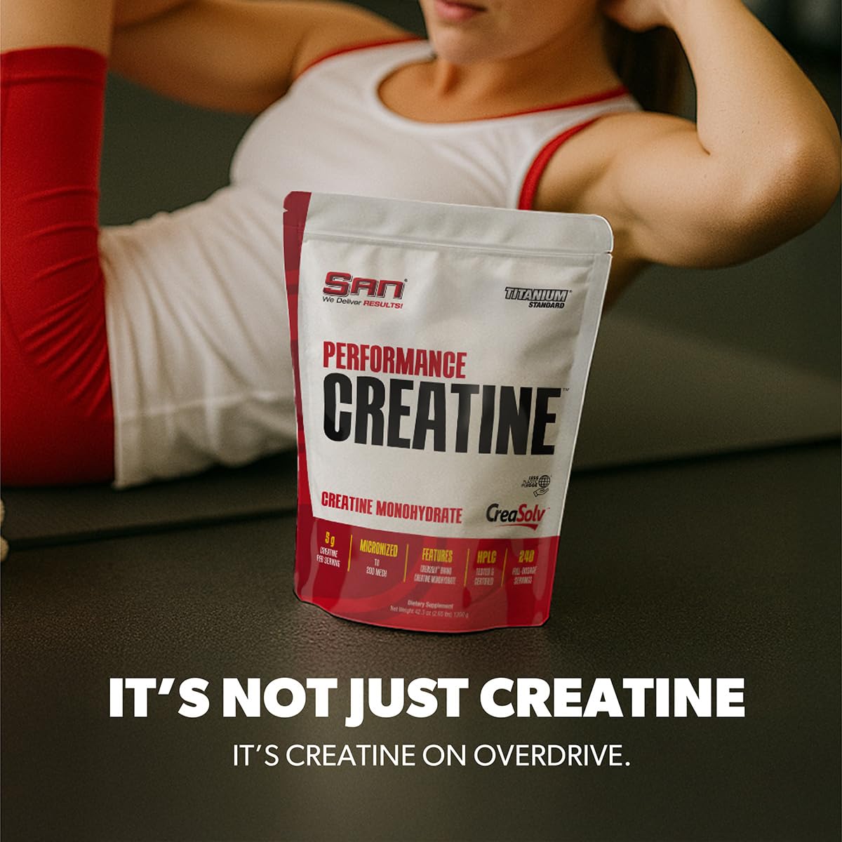 SAN Performance Creatine 600g athlete in training scene suggests endurance and strength potential.