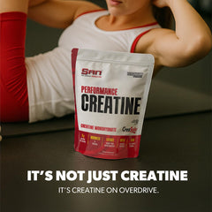 SAN Performance Creatine 600g athlete in training scene suggests endurance and strength potential.
