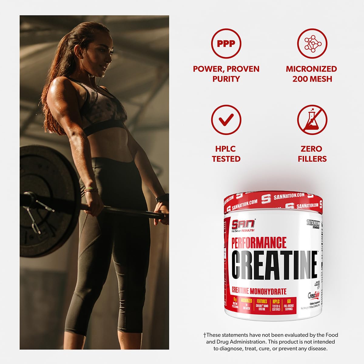 SAN Performance Creatine 600g label detail showing bottle and packaging.