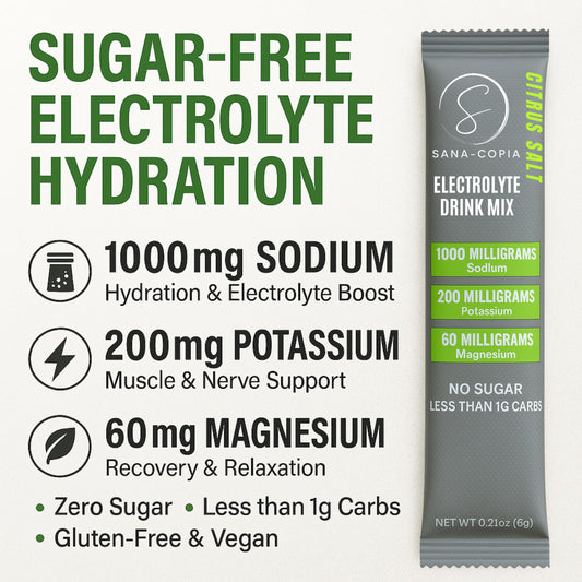 SANA-COPIA hydration packet being poured for quick on-the-go hydration.
