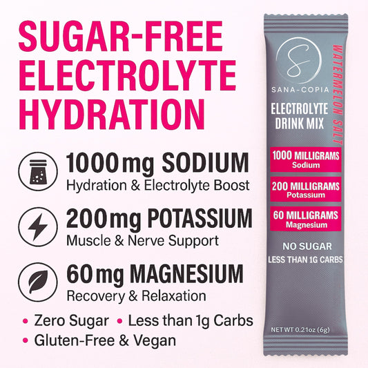 SANA-COPIA electrolytes powder dissolving in water for fast hydration.