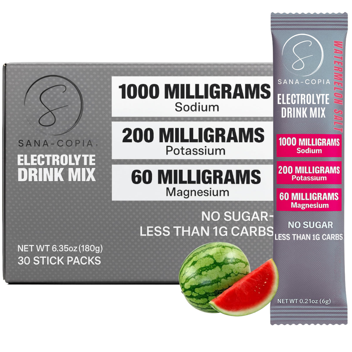 SANA-COPIA watermelon sugar-free electrolyte packets for on-the-go hydration.