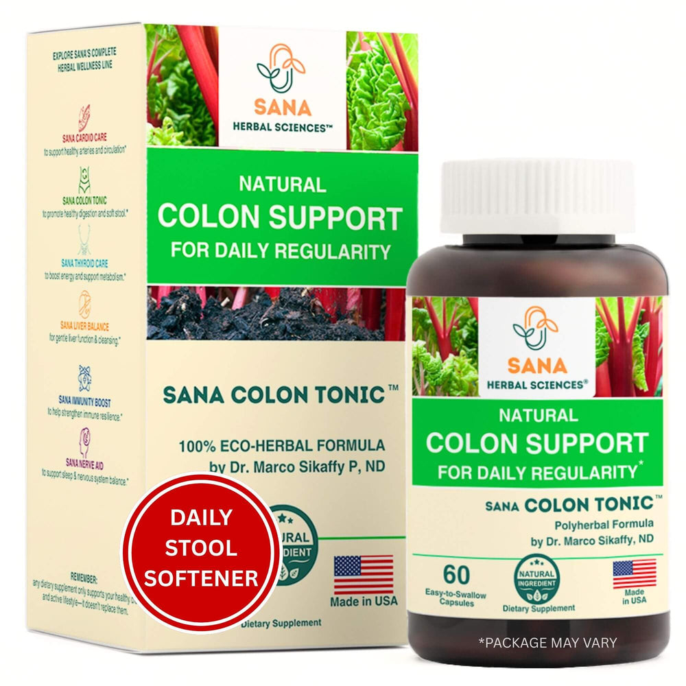 Sana Herbal Natural Stool Softener bottle promotes gentle overnight relief and morning freshness.