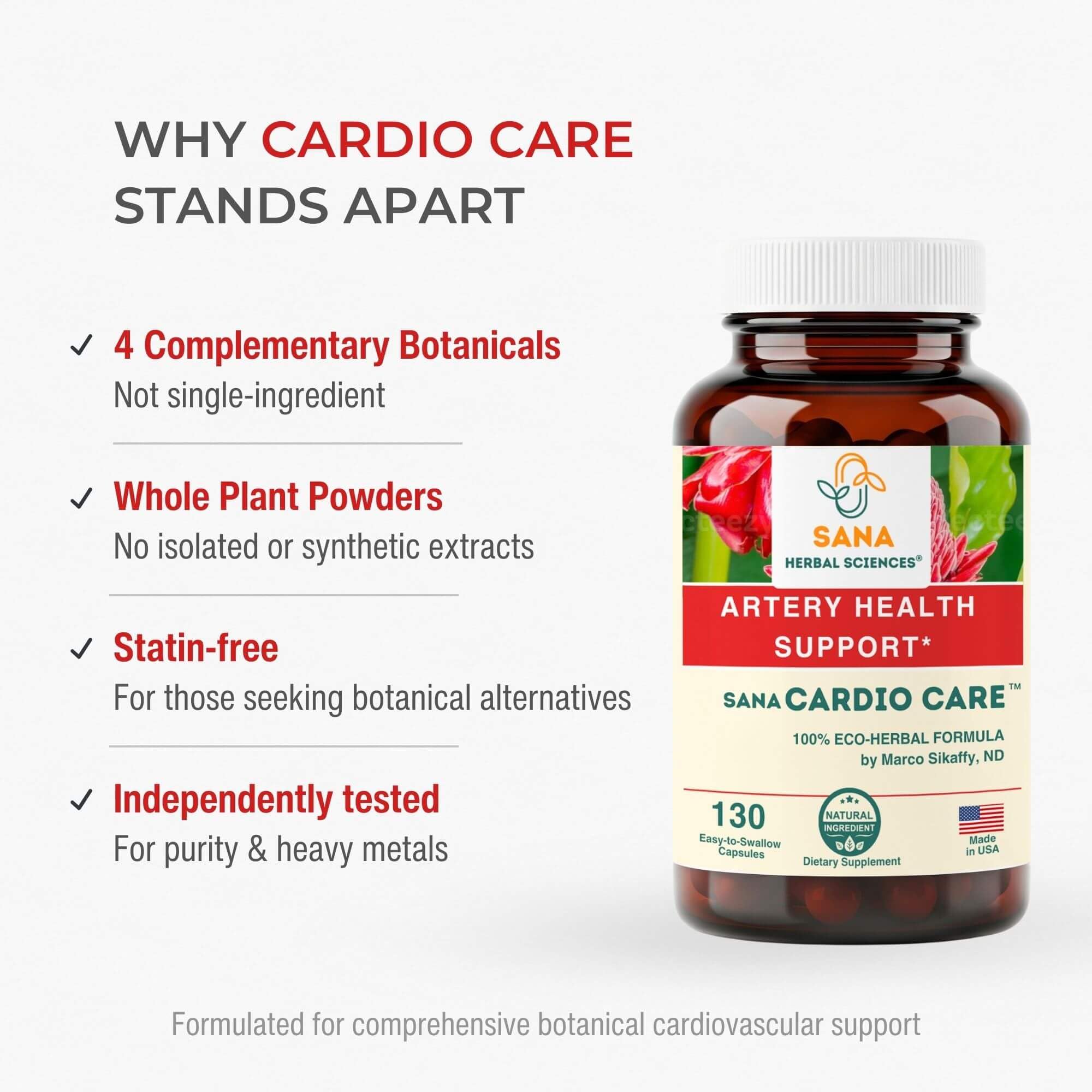 Sana Herbal Sciences Artery Plaque Removal Formula bottle back shows ingredients and purity