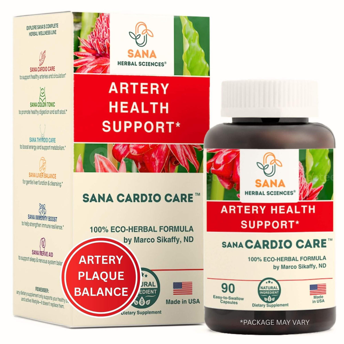 Sana Herbal Sciences Artery Plaque Removal Formula bottle with capsules for heart rhythm support.