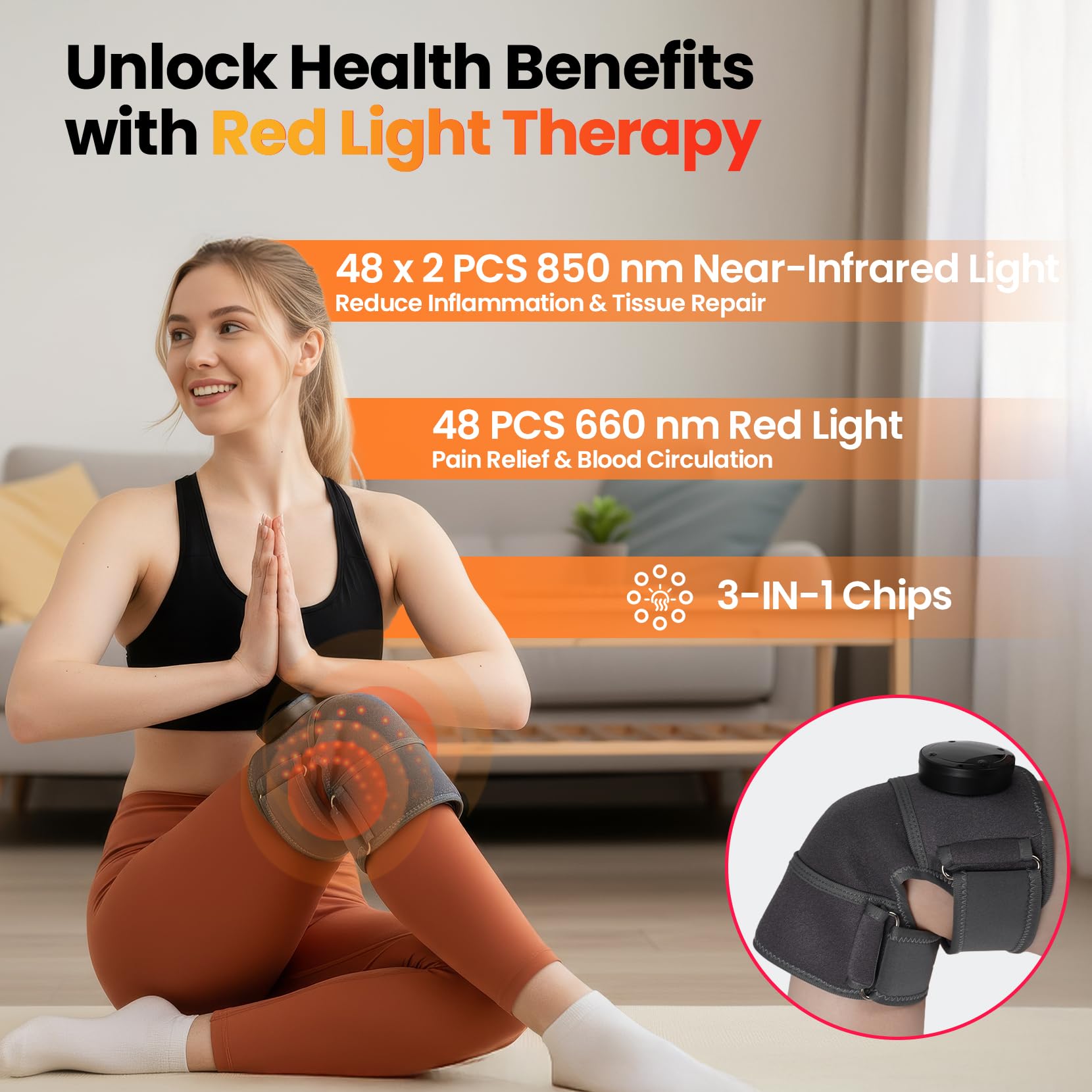 SanaTech knee brace with magnetic controller for easy, hands-free therapy sessions.