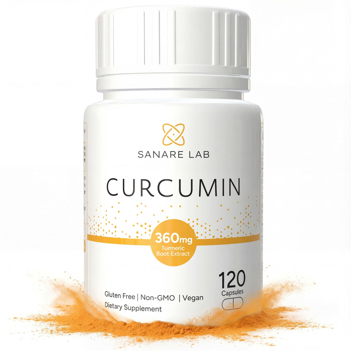 Sanare Lab Curcumin bottle front view highlighting 360 mg per serving for daily wellness