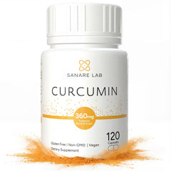 Sanare Lab Curcumin bottle front view highlighting 360 mg per serving for daily wellness