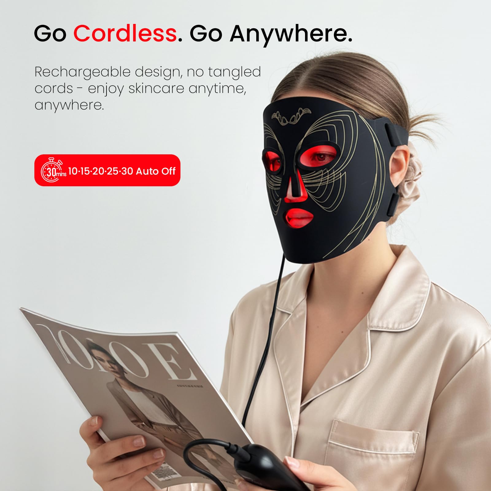 SanaTech LED mask four-mode icon display for red, orange, blue, and NIR therapy