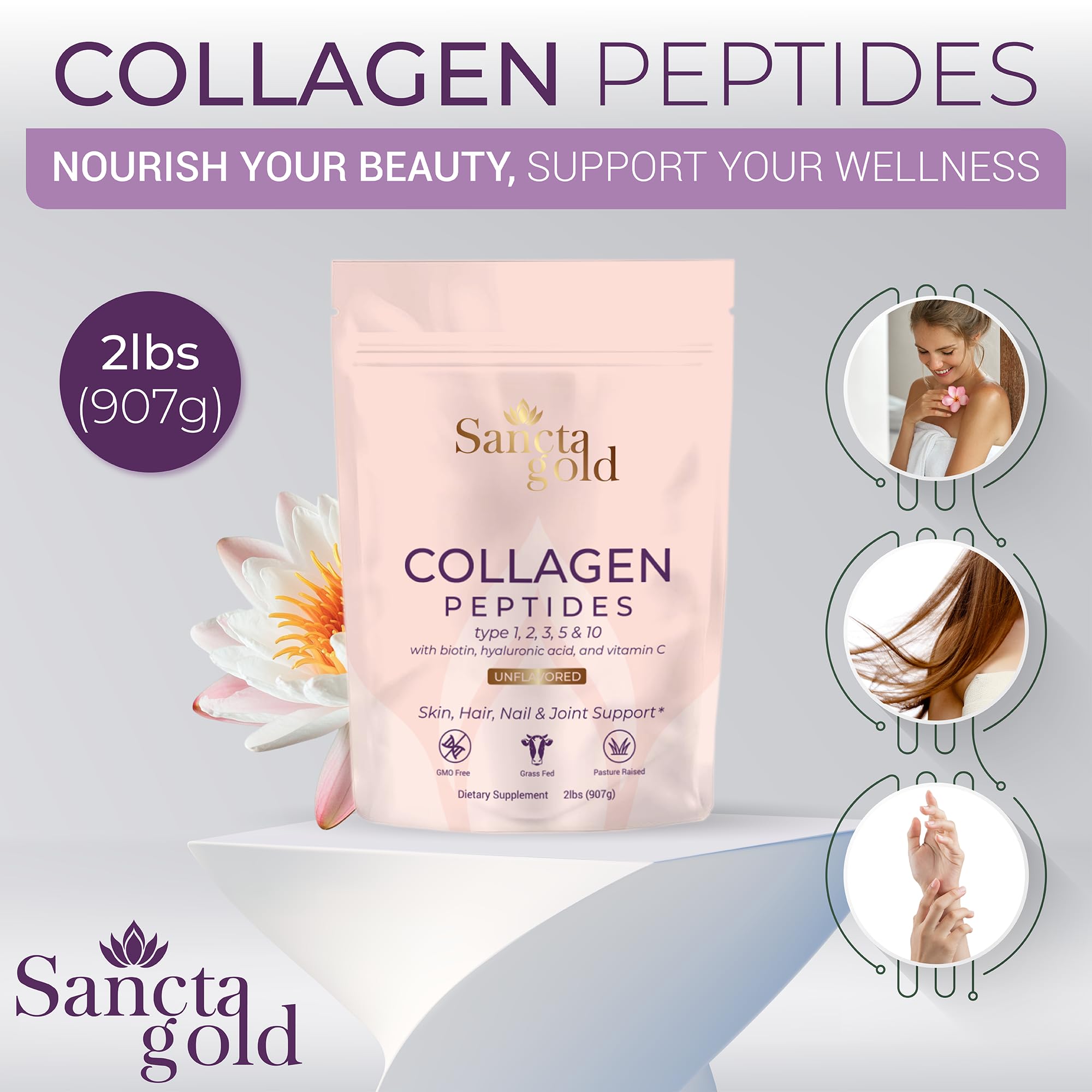 Sancta Gold collagen powder poured into liquid for easy mixing.