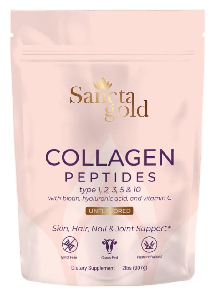 Sancta Gold Multi Collagen Powder bottle close-up for skin and nails support.