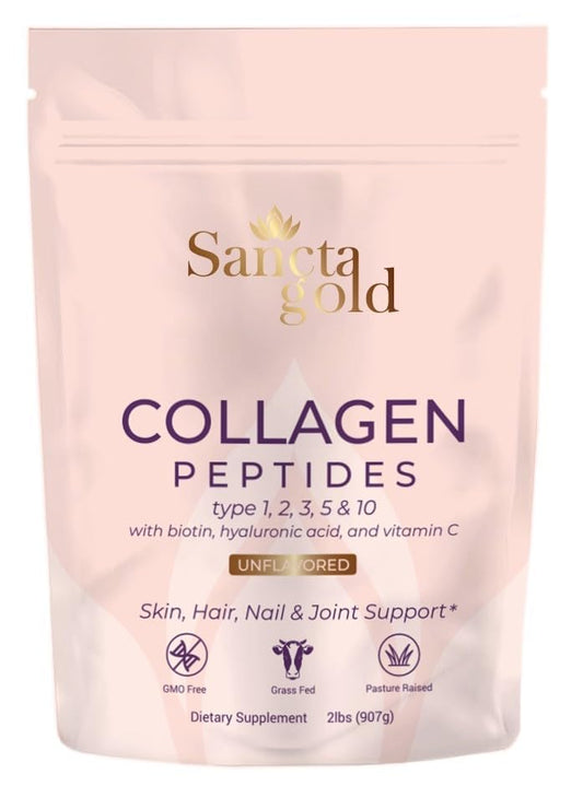 Sancta Gold Multi Collagen Powder bottle close-up for skin and nails support.