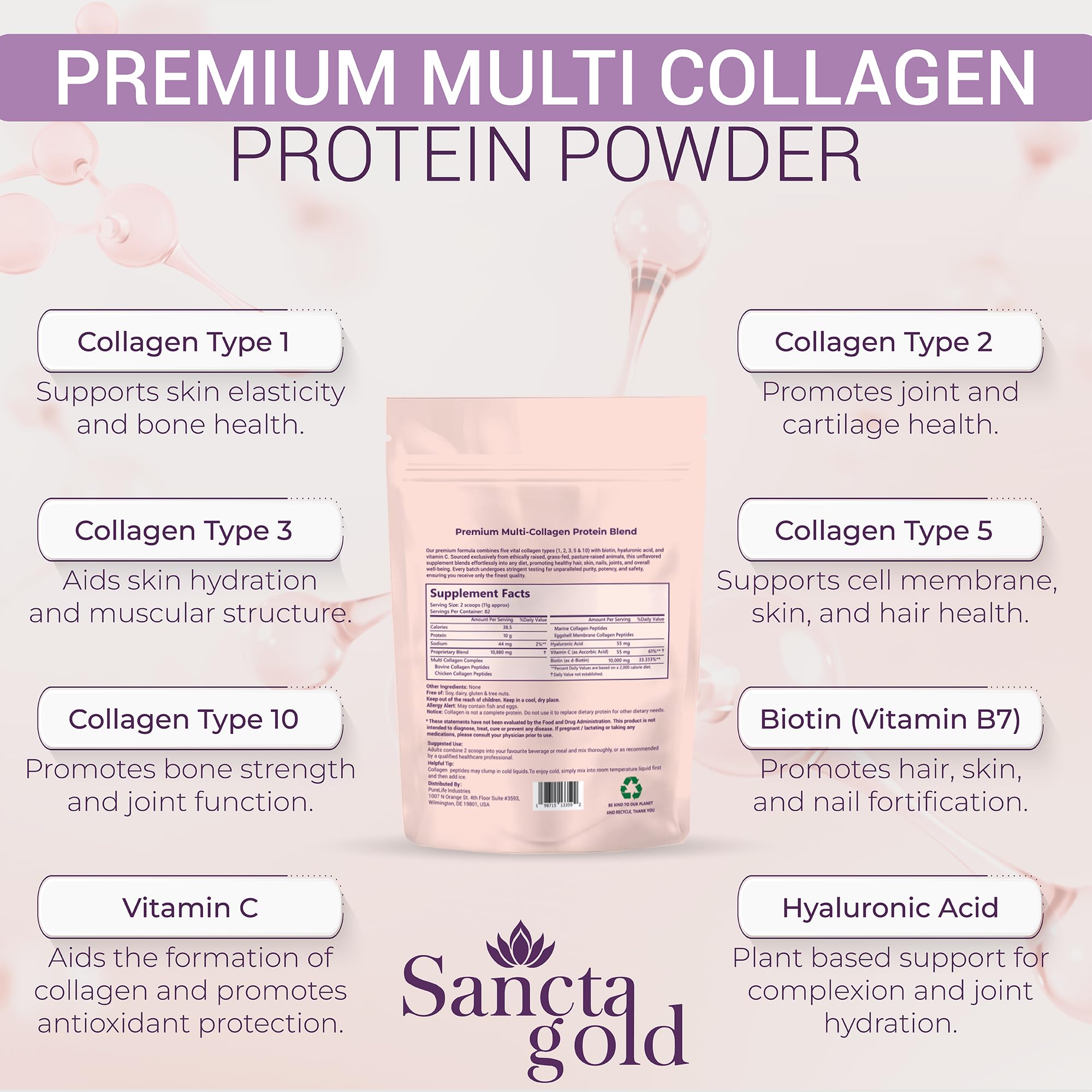 Sancta Gold recyclable lotus design packaging shown for eco-friendly beauty.