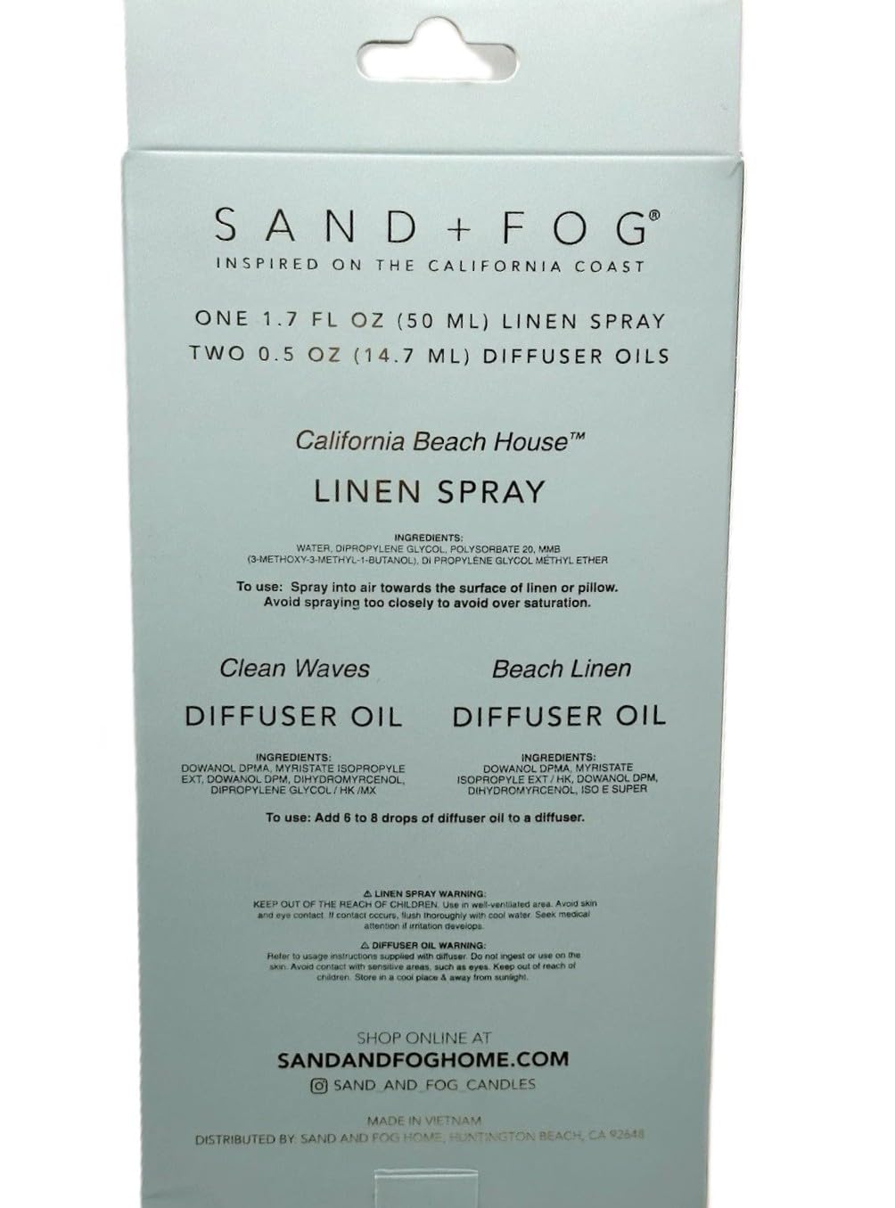 Sand + Fog clear glass oil bottles ready for a coastal diffuser setup.
