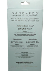 Sand + Fog clear glass oil bottles ready for a coastal diffuser setup.