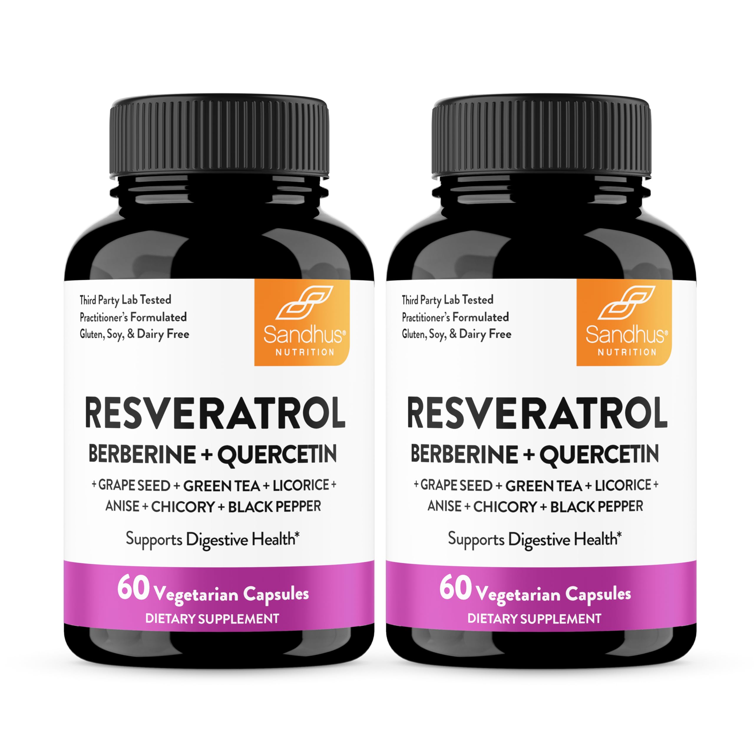 Sandhu's Resveratrol-Berberine bottle promoting daily gut comfort and balance.