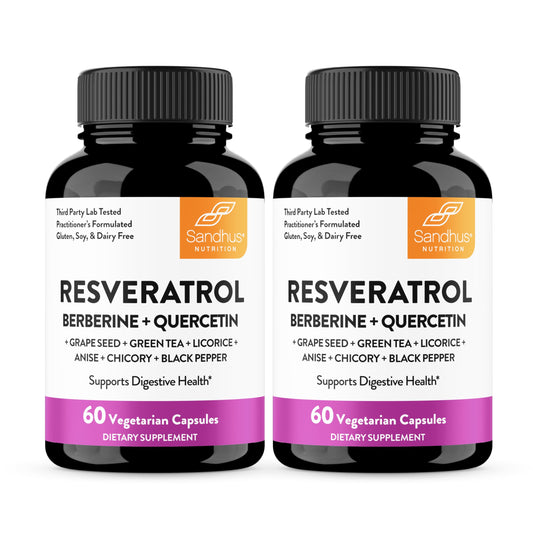 Sandhu's Resveratrol-Berberine bottle promoting daily gut comfort and balance.