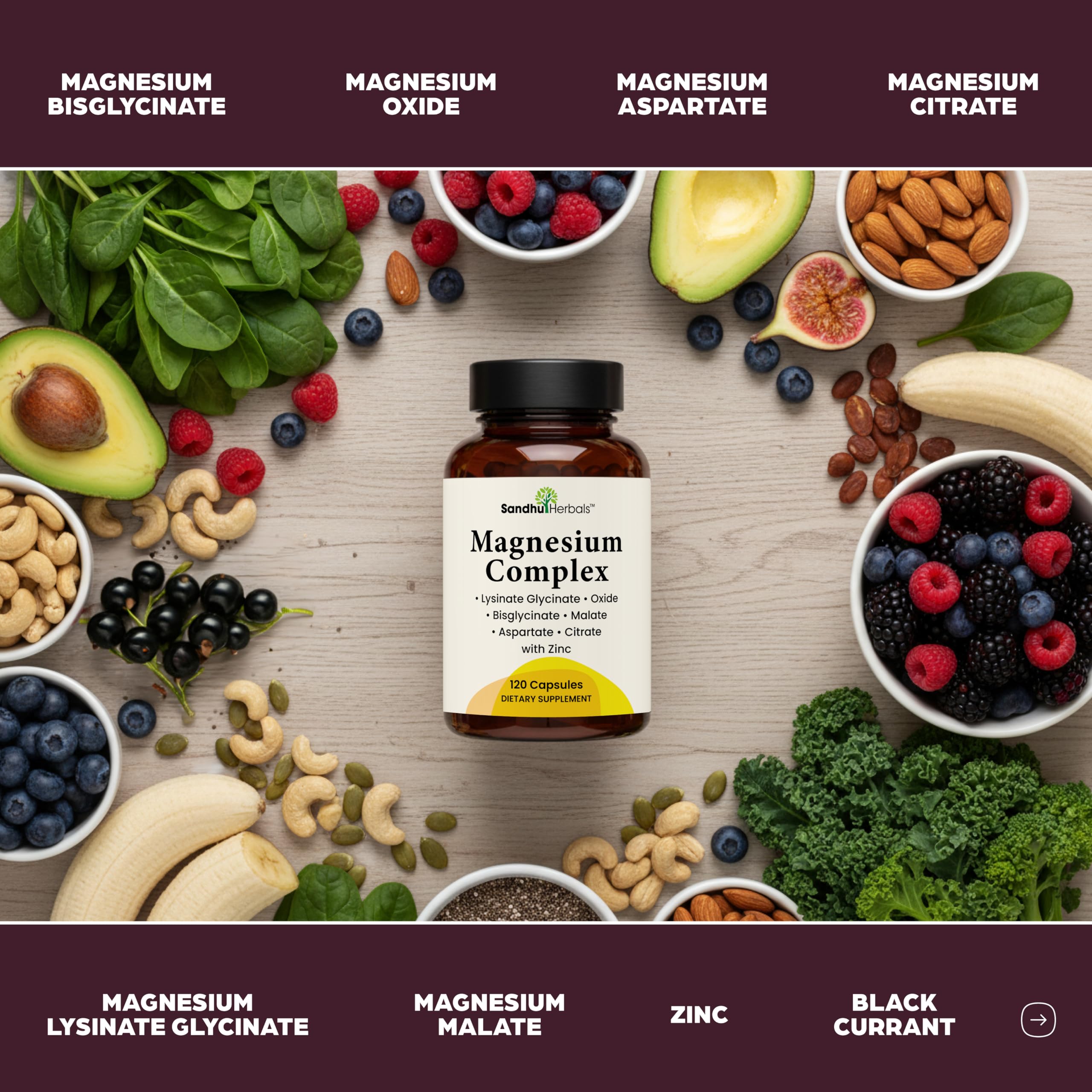 SANDHUHERBALS Complete Magnesium 6-forms blend image emphasizes enhanced absorption.