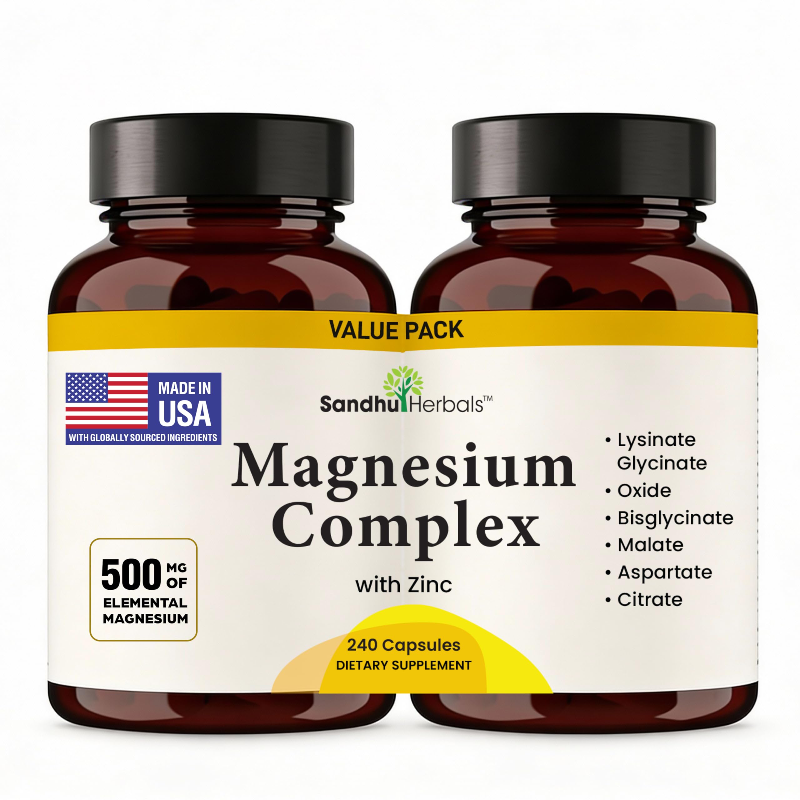 SANDHUHERBALS Complete Magnesium bottle-front view supports a calming nighttime routine.