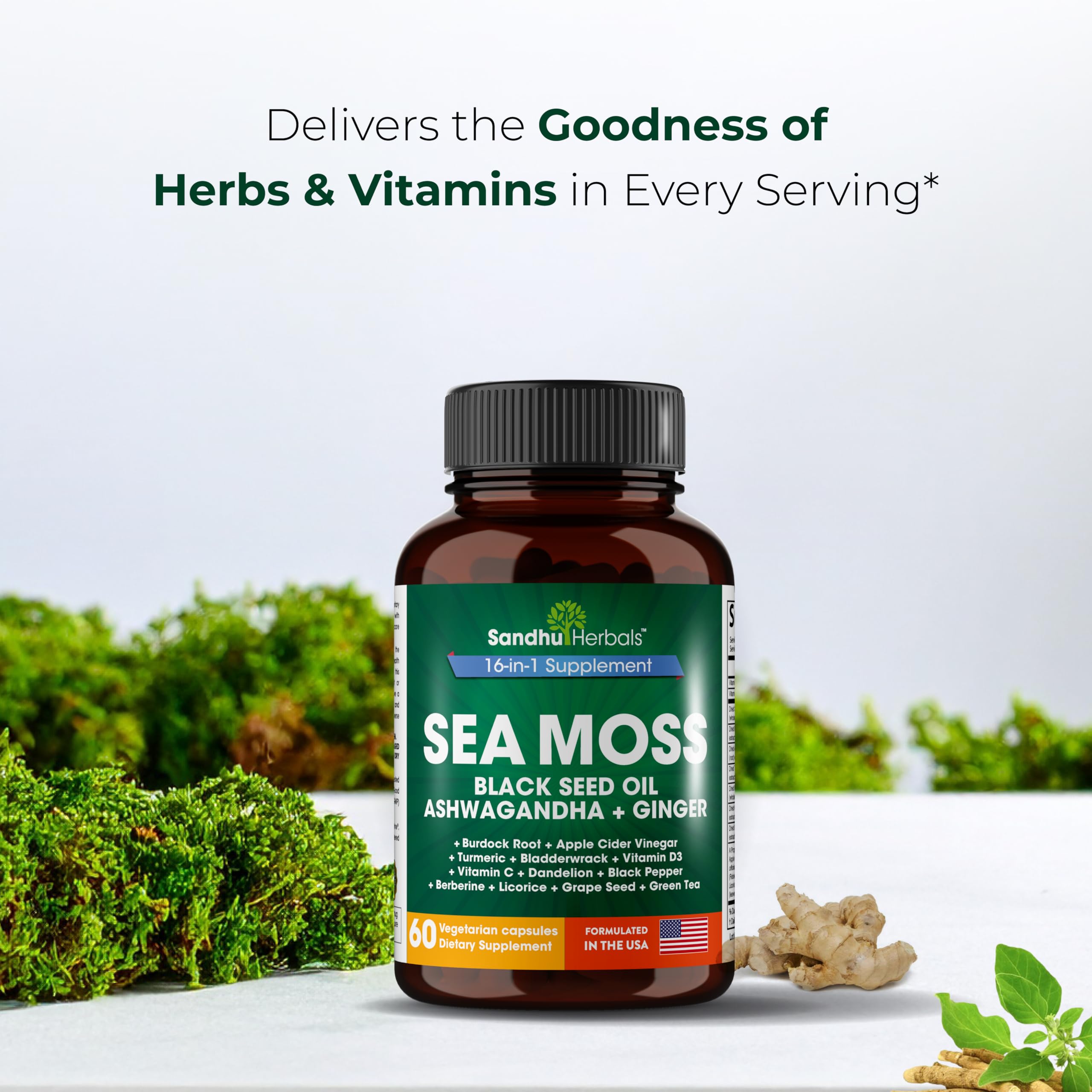 SANDHUHERBALS Irish sea moss powder visual underscores wildcrafted sea moss.