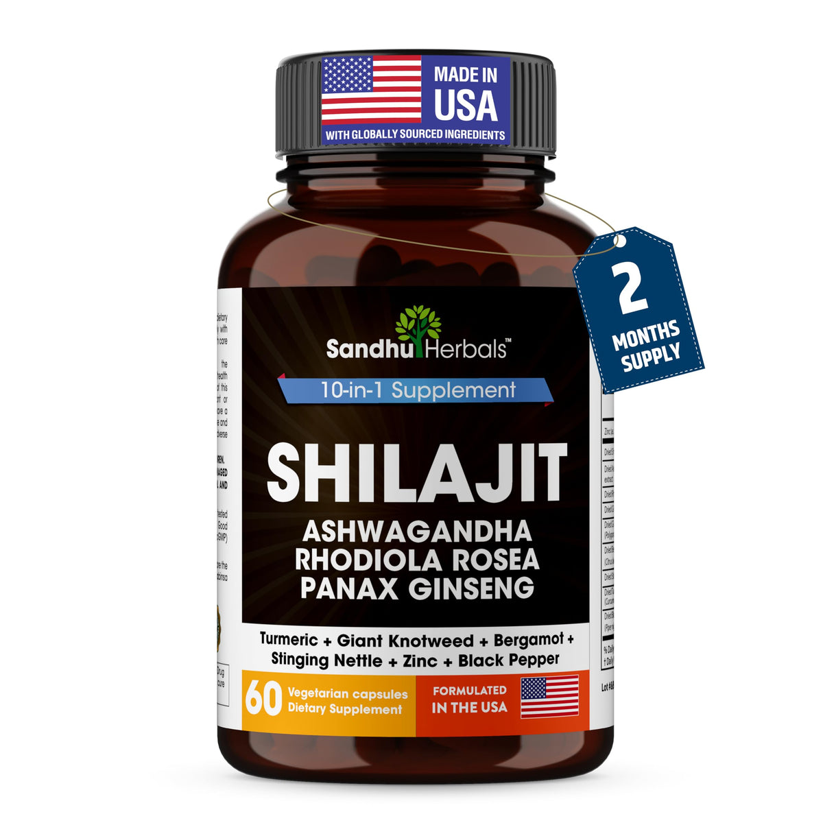 SANDHUHERBALS Shilajit Capsules bottle boosts daily energy and focus.