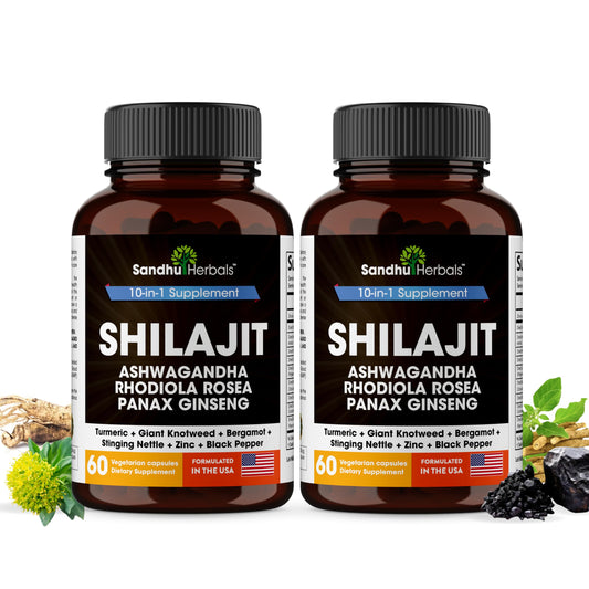SandhuHerbals Shilajit Himalayan bottle shown for daily energy support.