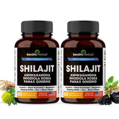 SandhuHerbals Shilajit Himalayan bottle shown for daily energy support.
