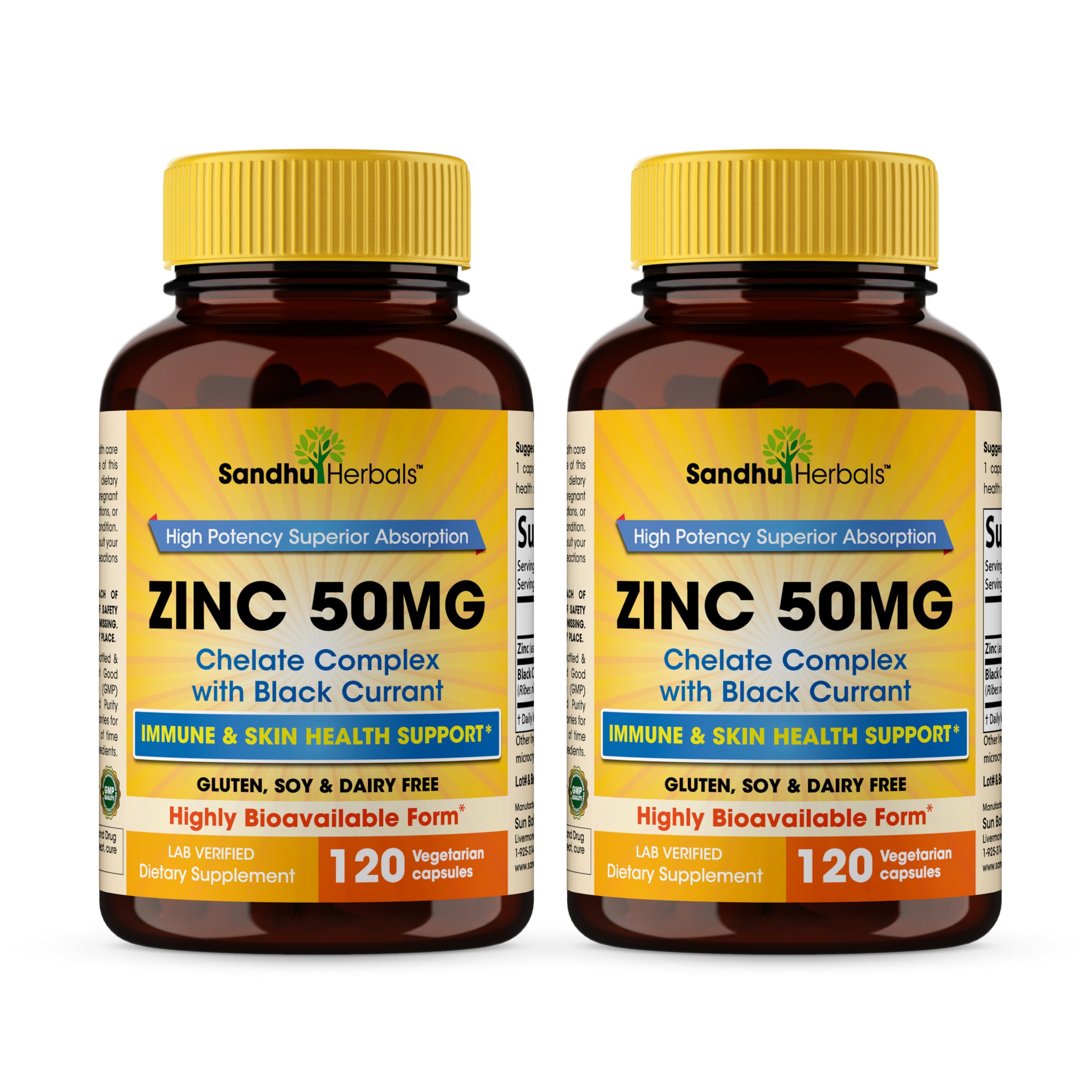 Sandhu Herbals Zinc 50mg capsules bottle shown for daily immune support.