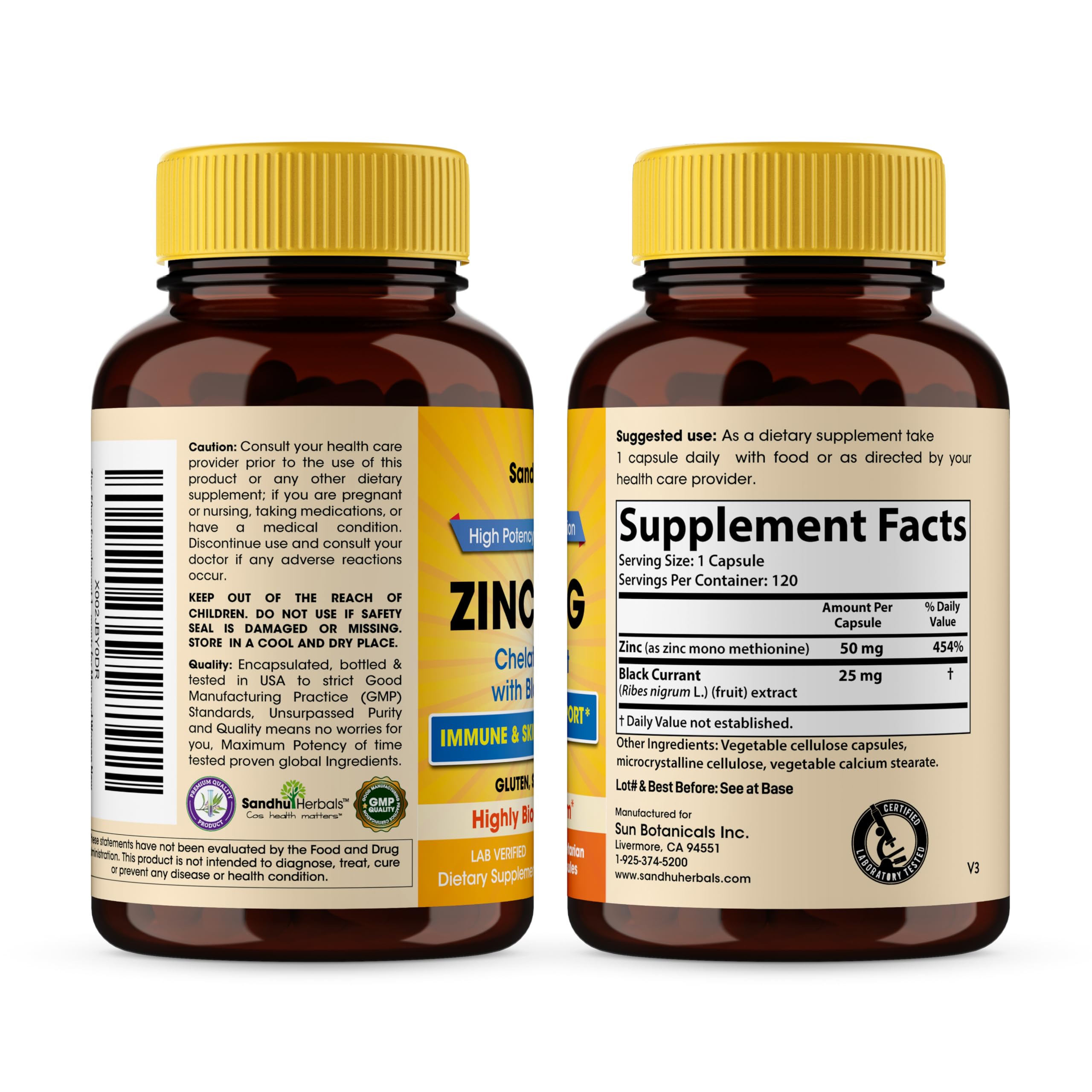 Sandhu Herbals Zinc 50mg capsules closeup highlighting capsule details.