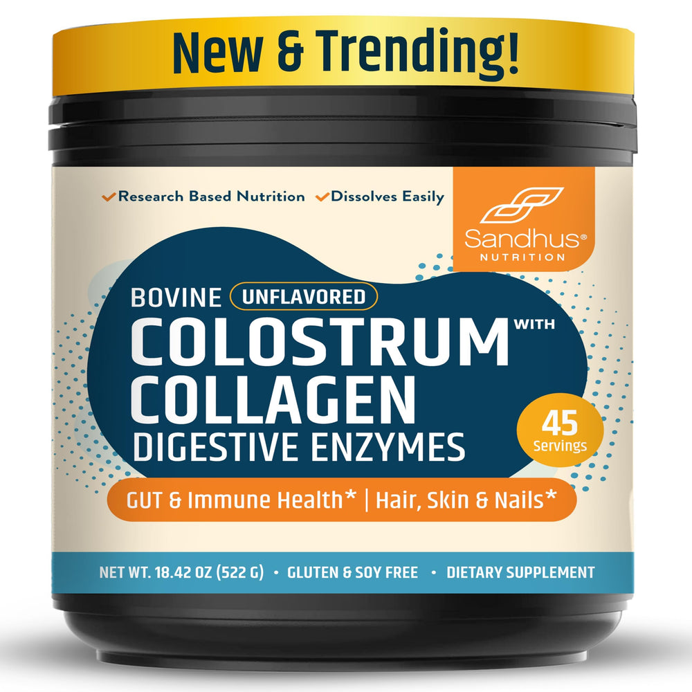 Sandhu's bovine colostrum powder tub for immune support and easy mixing.