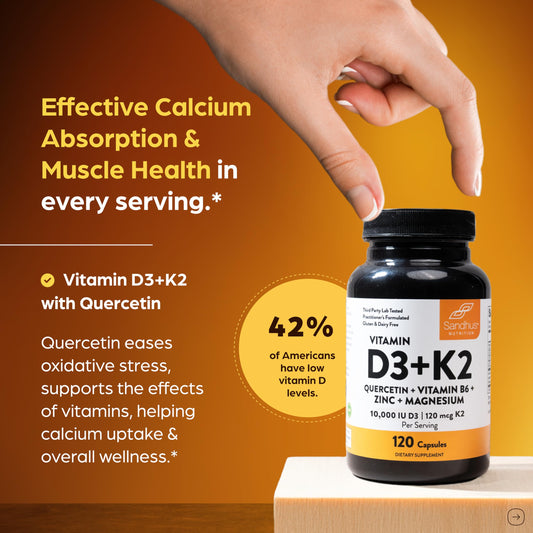 Close-up of Sandhu's D3K2 capsules highlighting calcium absorption and muscle health potential.
