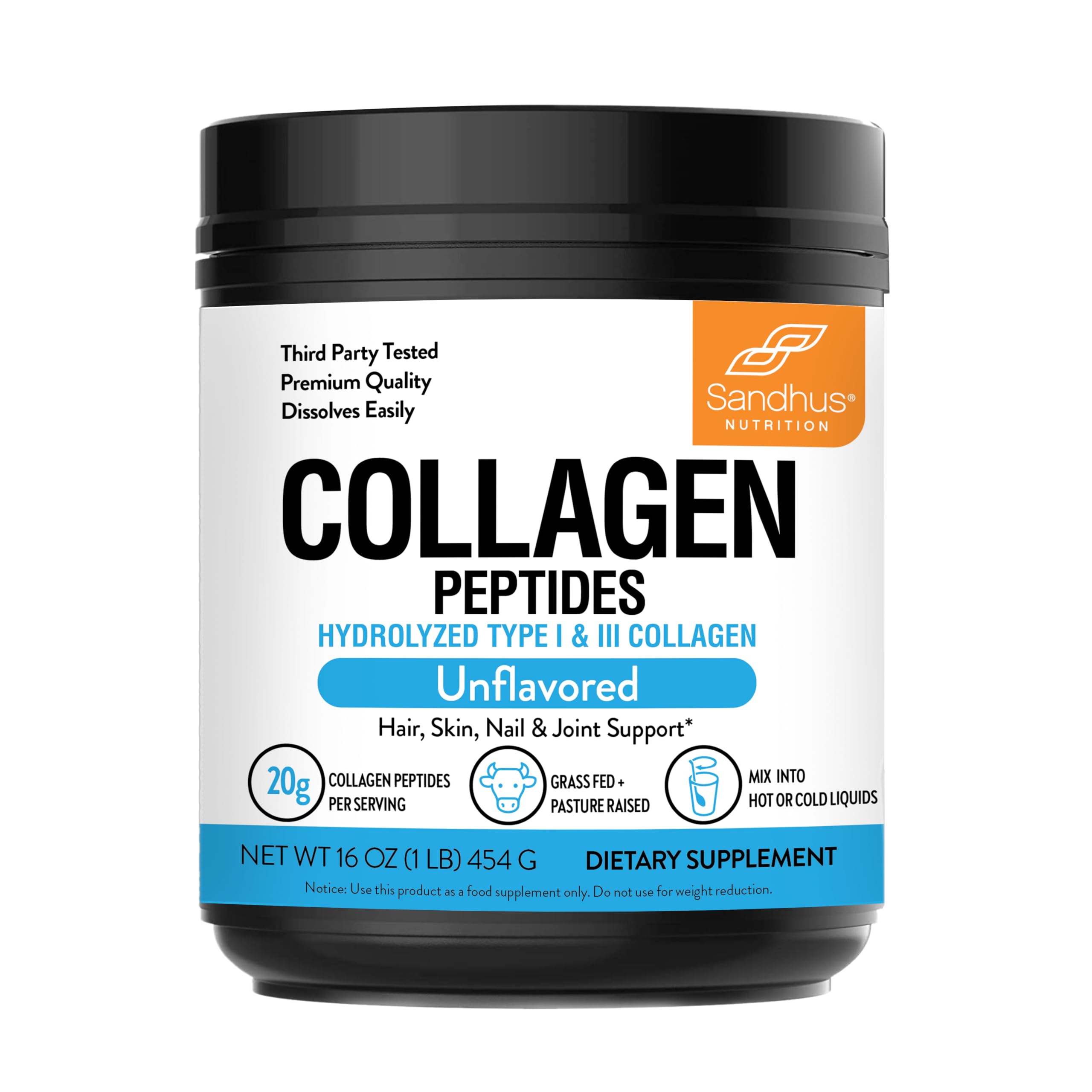 Sandhu's Collagen Peptides powder bottle ready for daily use and beauty or mobility routines