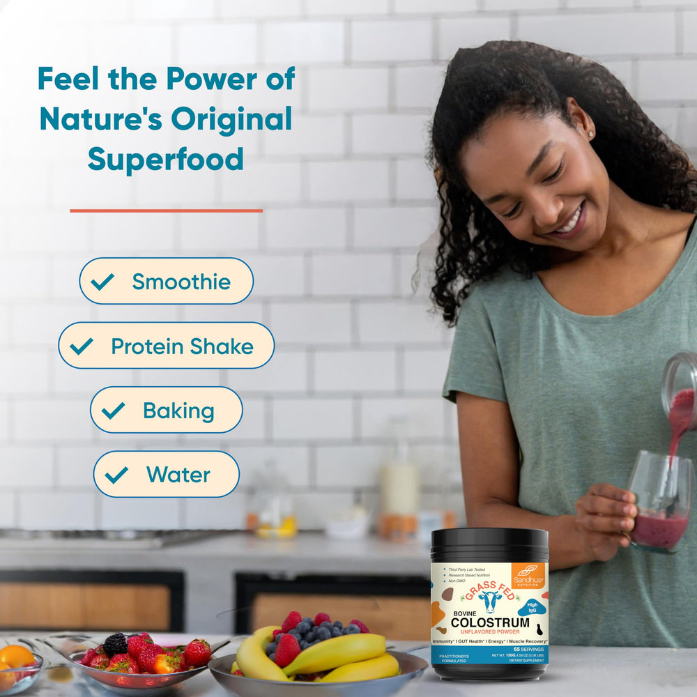 Close-up texture of fine Sandhu's colostrum powder shows purity.