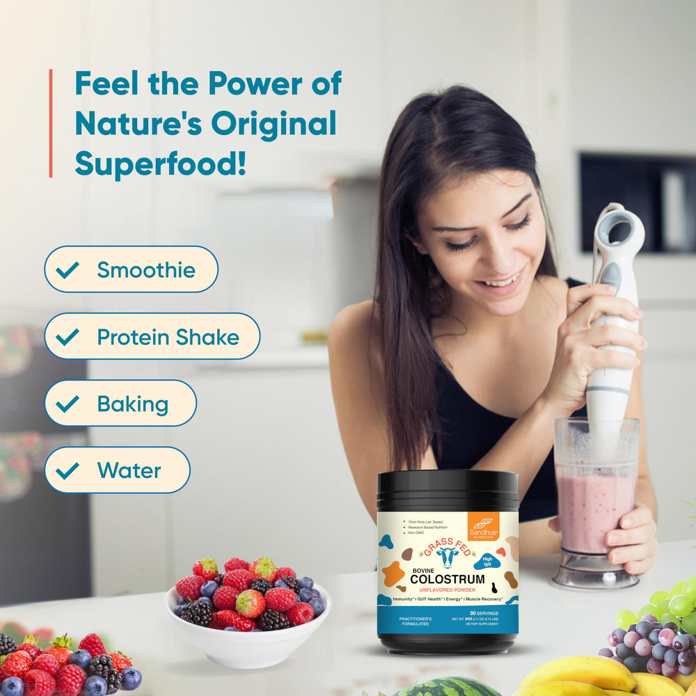 Sandhu's colostrum powder label highlighting quality and ingredients