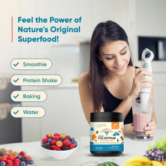 Sandhu's colostrum powder label highlighting quality and ingredients