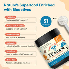 Sandhu's grass-fed colostrum powder packaging shows USA origin and NSF-GMP badge.