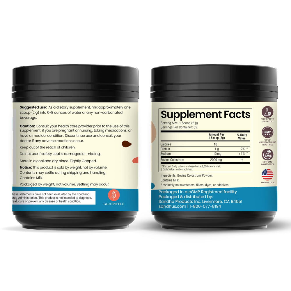 Sandhu's colostrum powder pour with scoop showing convenient serving.