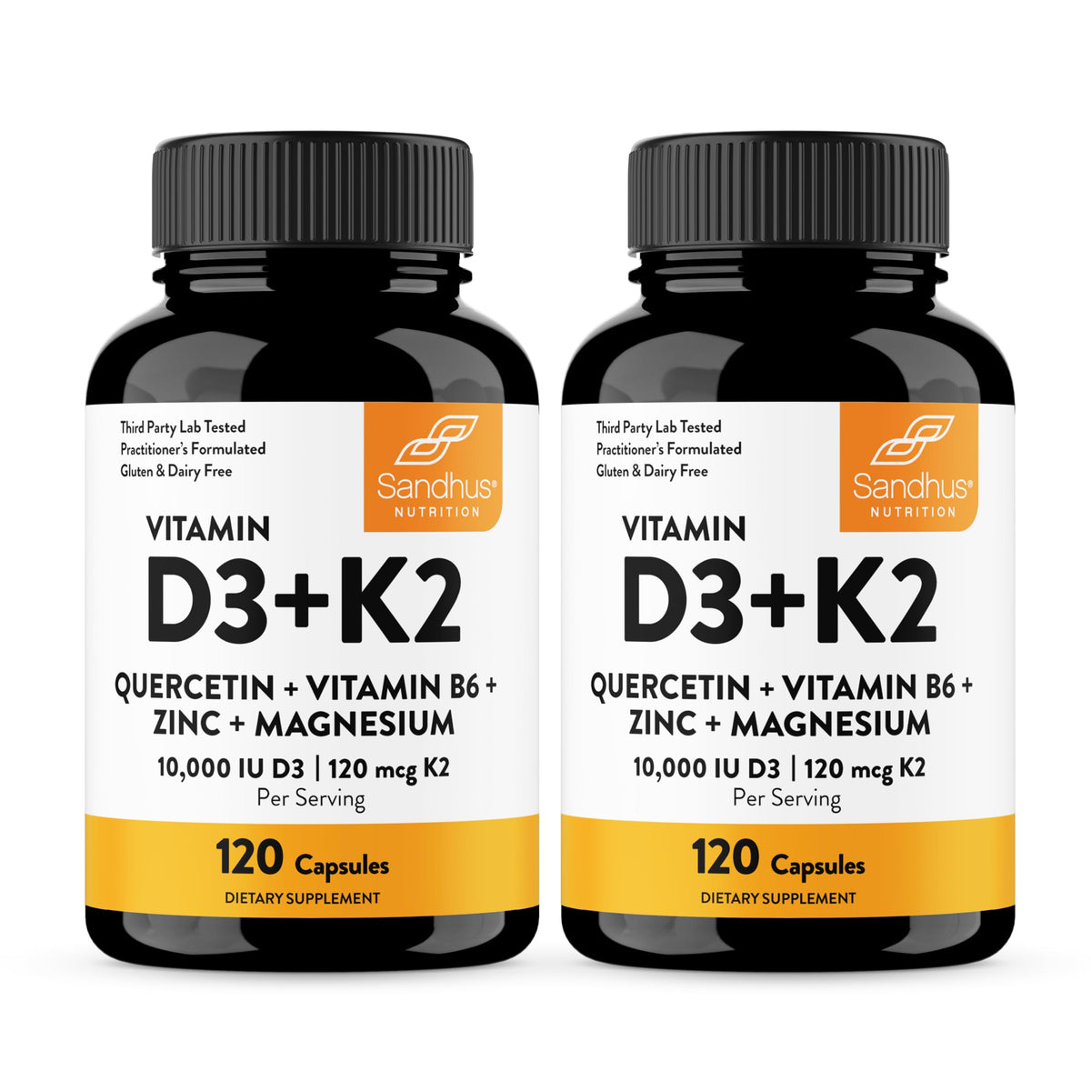 Sandhu's D3K2 Magnesium 10000 IU bottle supports daily calcium use and energy.
