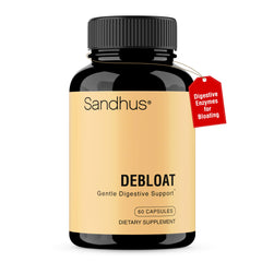 Sandhu's Debloat bottle with capsules for post-meal digestion support.