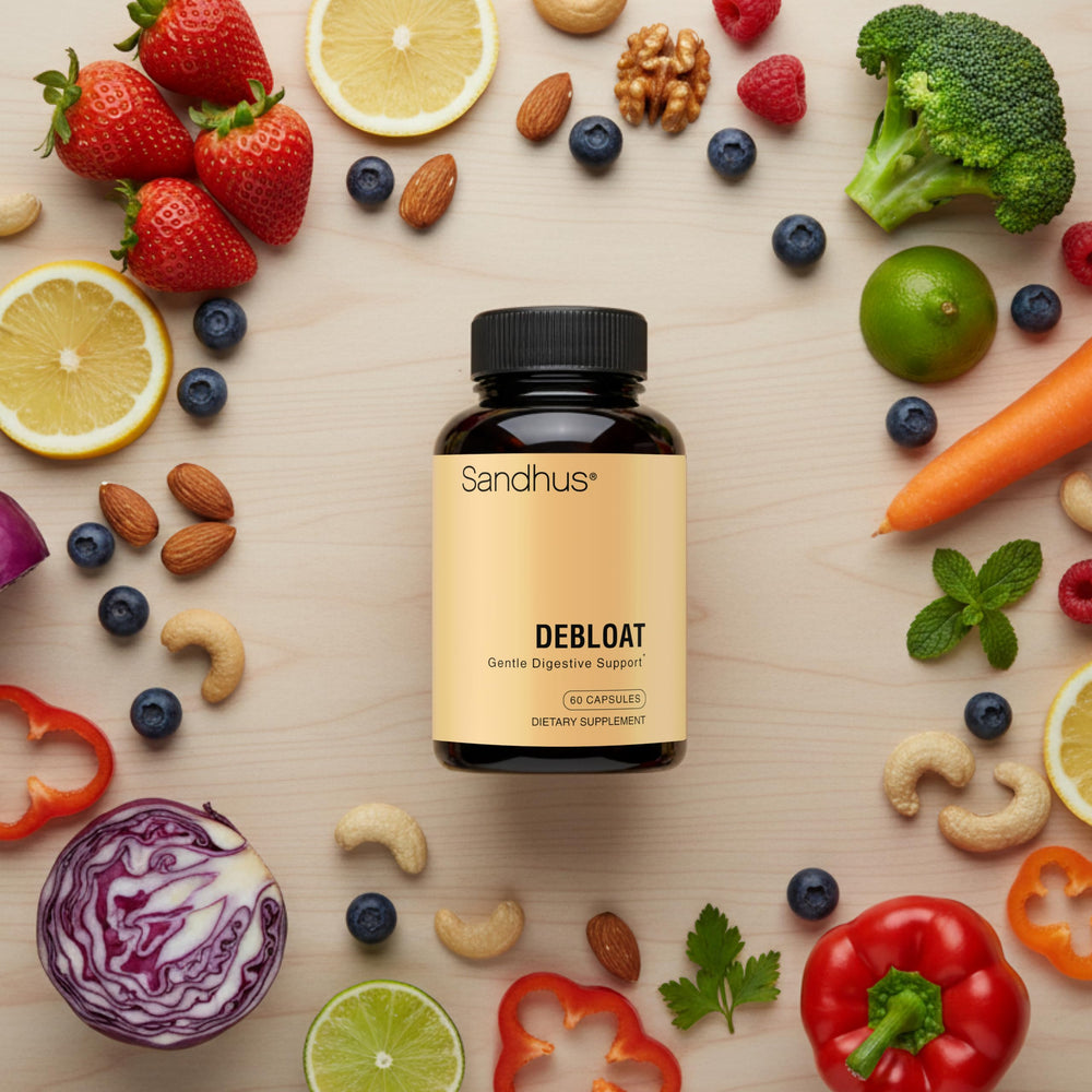 Sandhu's Debloat bottle on a counter beside a heavy meal.