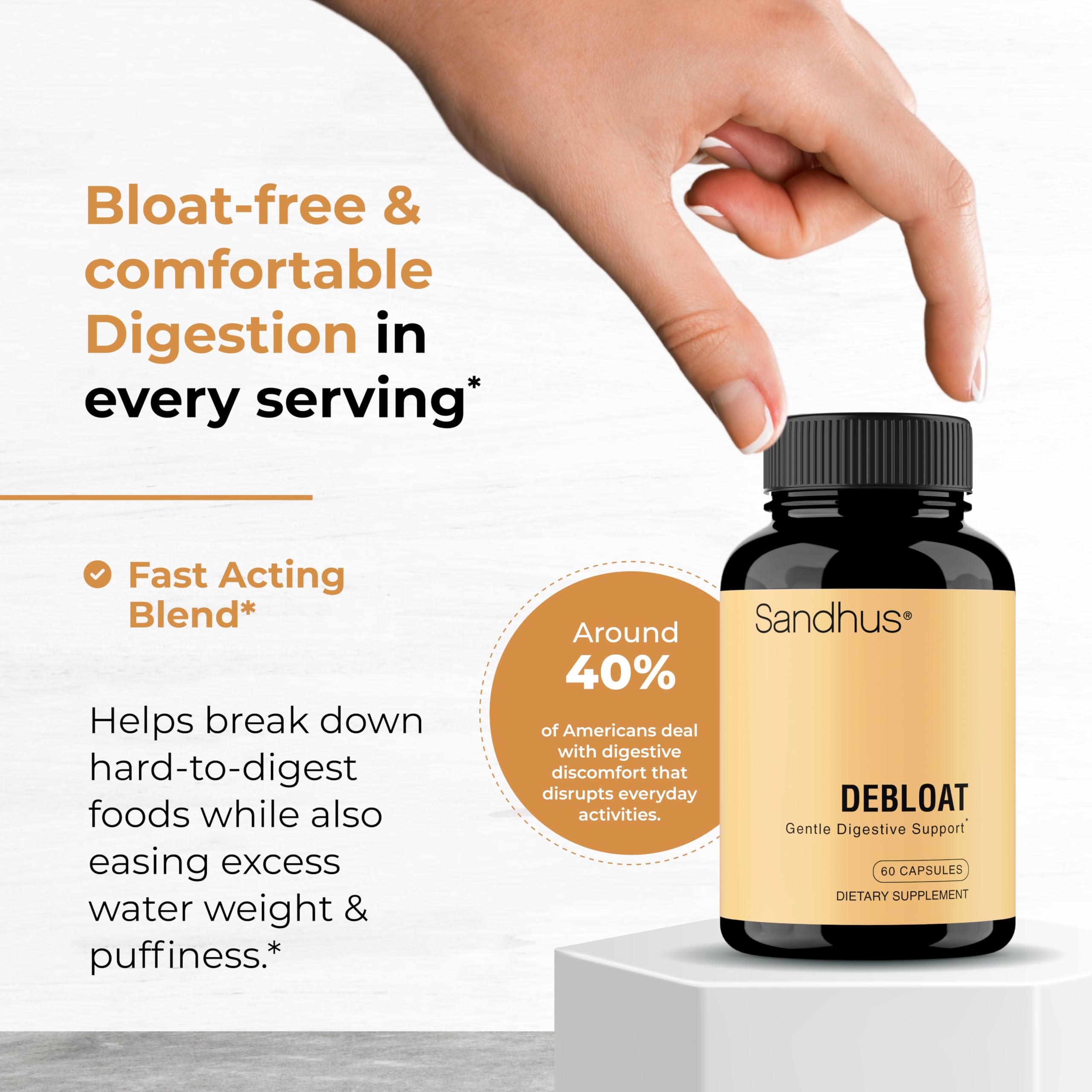 Close-up of Sandhu's Debloat capsules designed for easy swallowing.