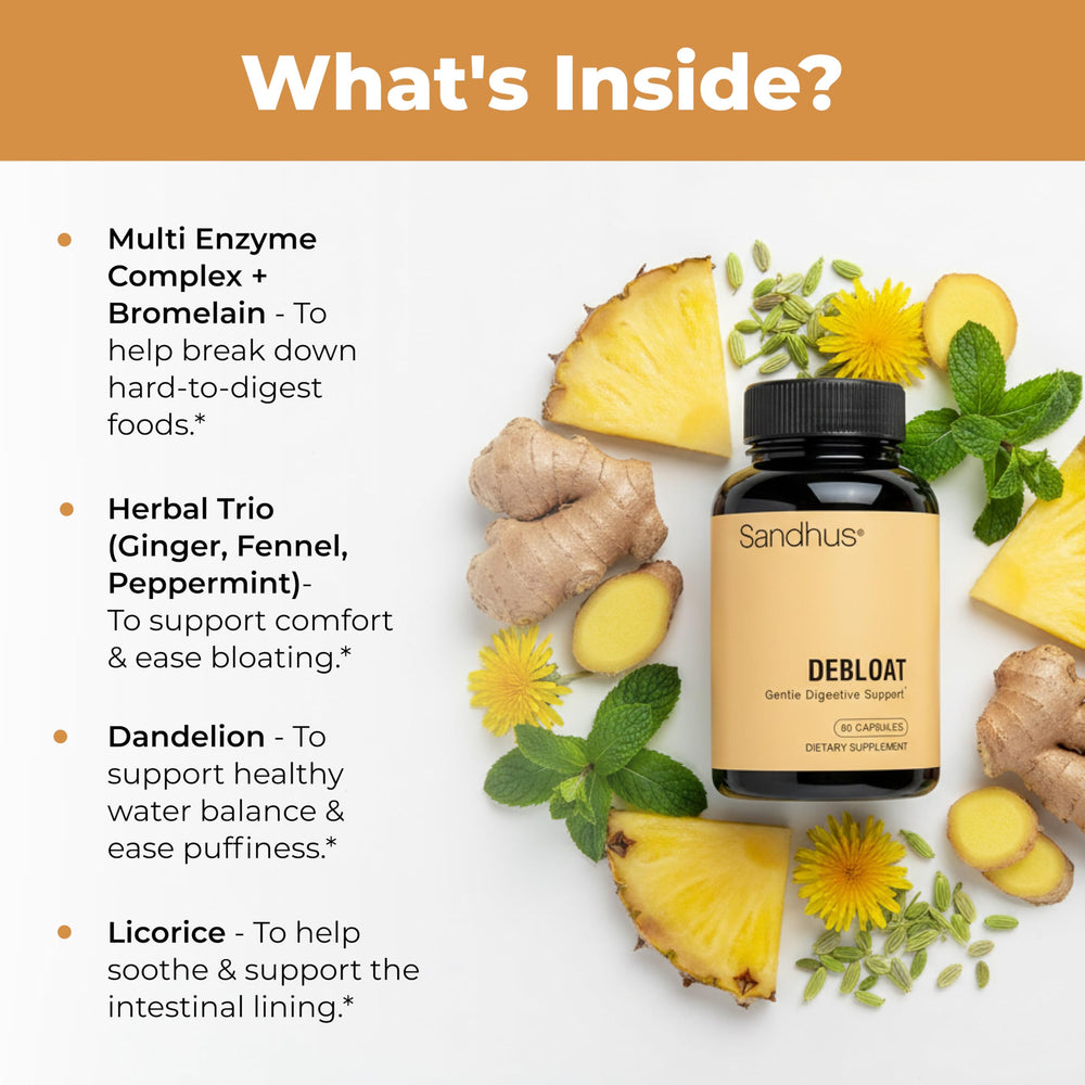 Herbal blend image with ginger, fennel, peppermint and Sandhu's Debloat.