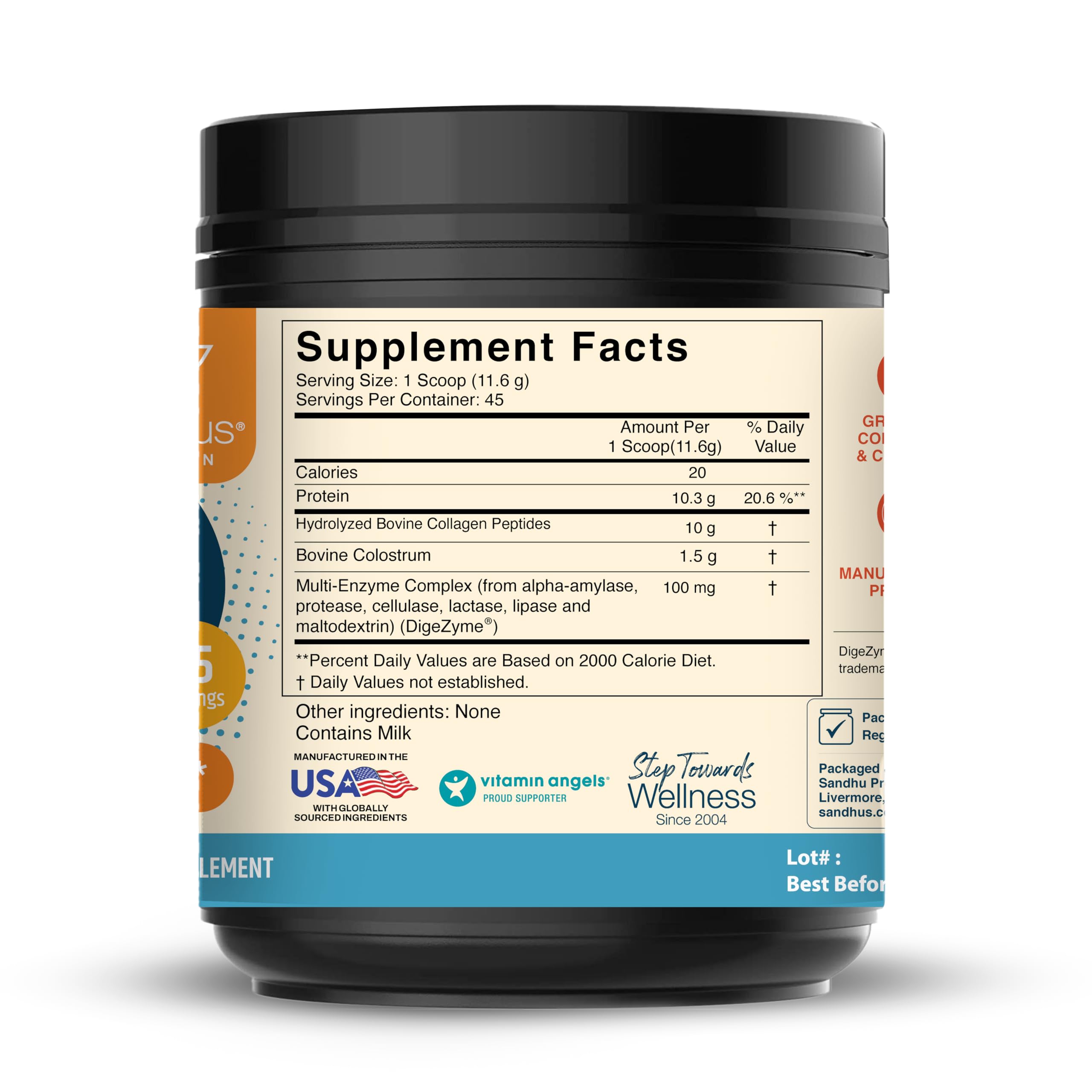 Sandhu's digestive enzymes blend container emphasizes digestion support.