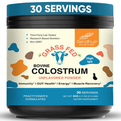 Sandhu's grass-fed bovine colostrum powder bottle for immune and gut health.