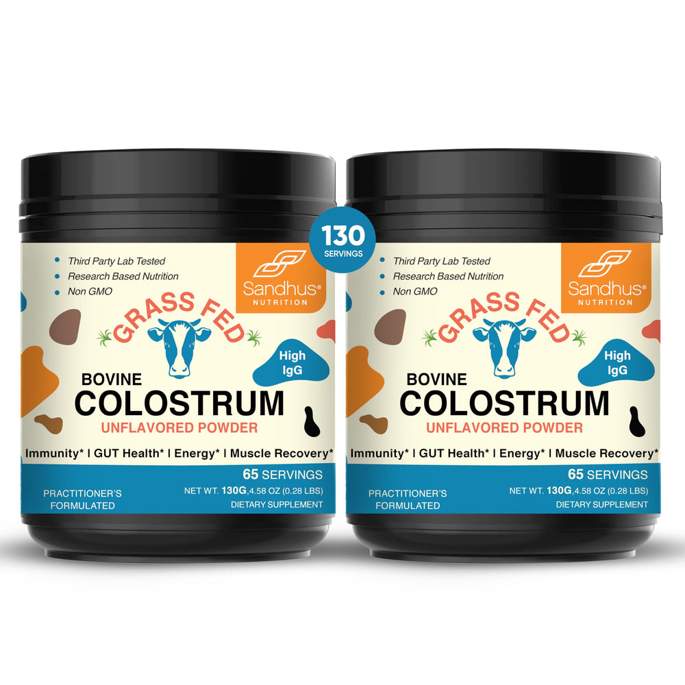 Sandhu's grass-fed colostrum powder bottle for immune support potential.