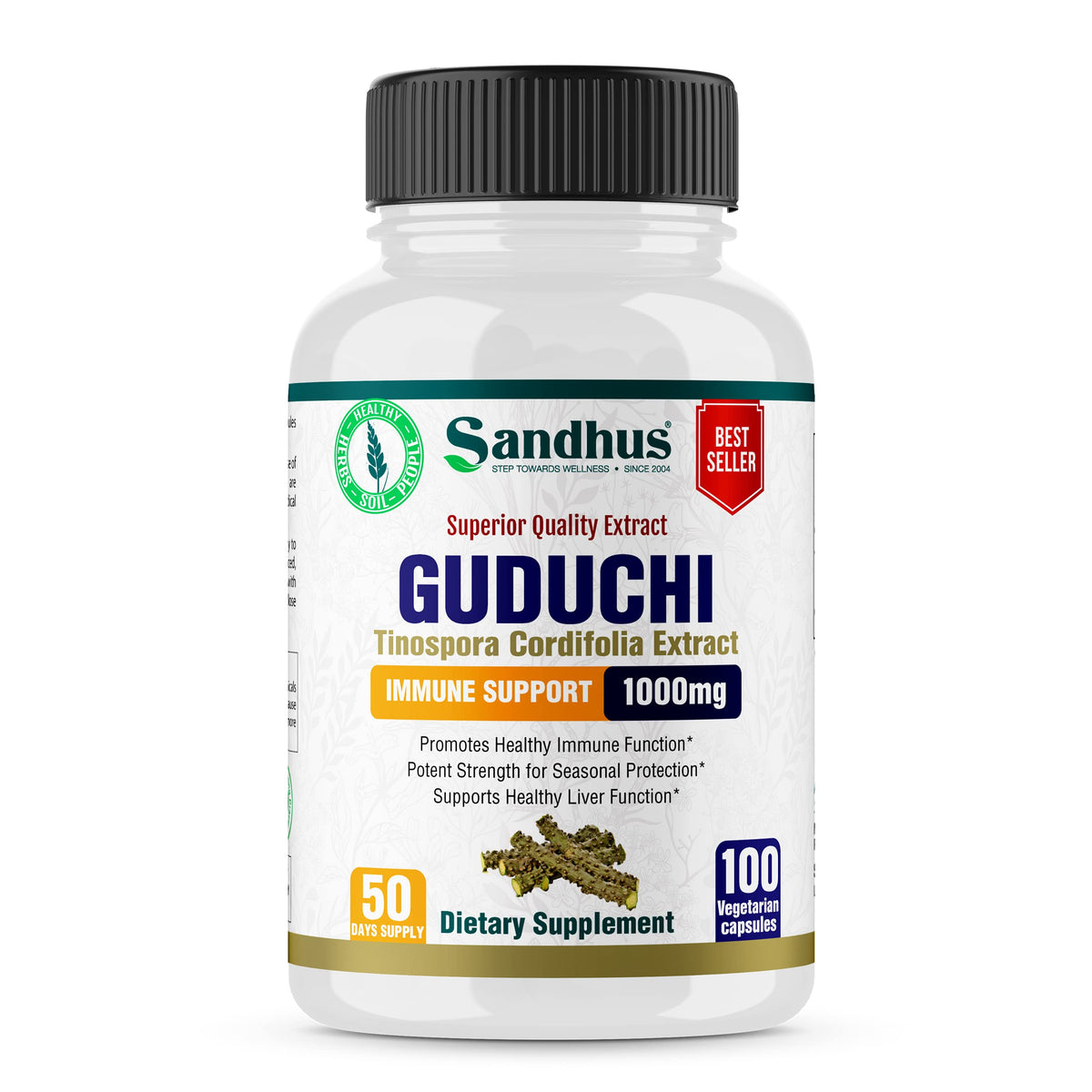 Sandhu's Guduchi capsules bottle showcasing immune support potential.