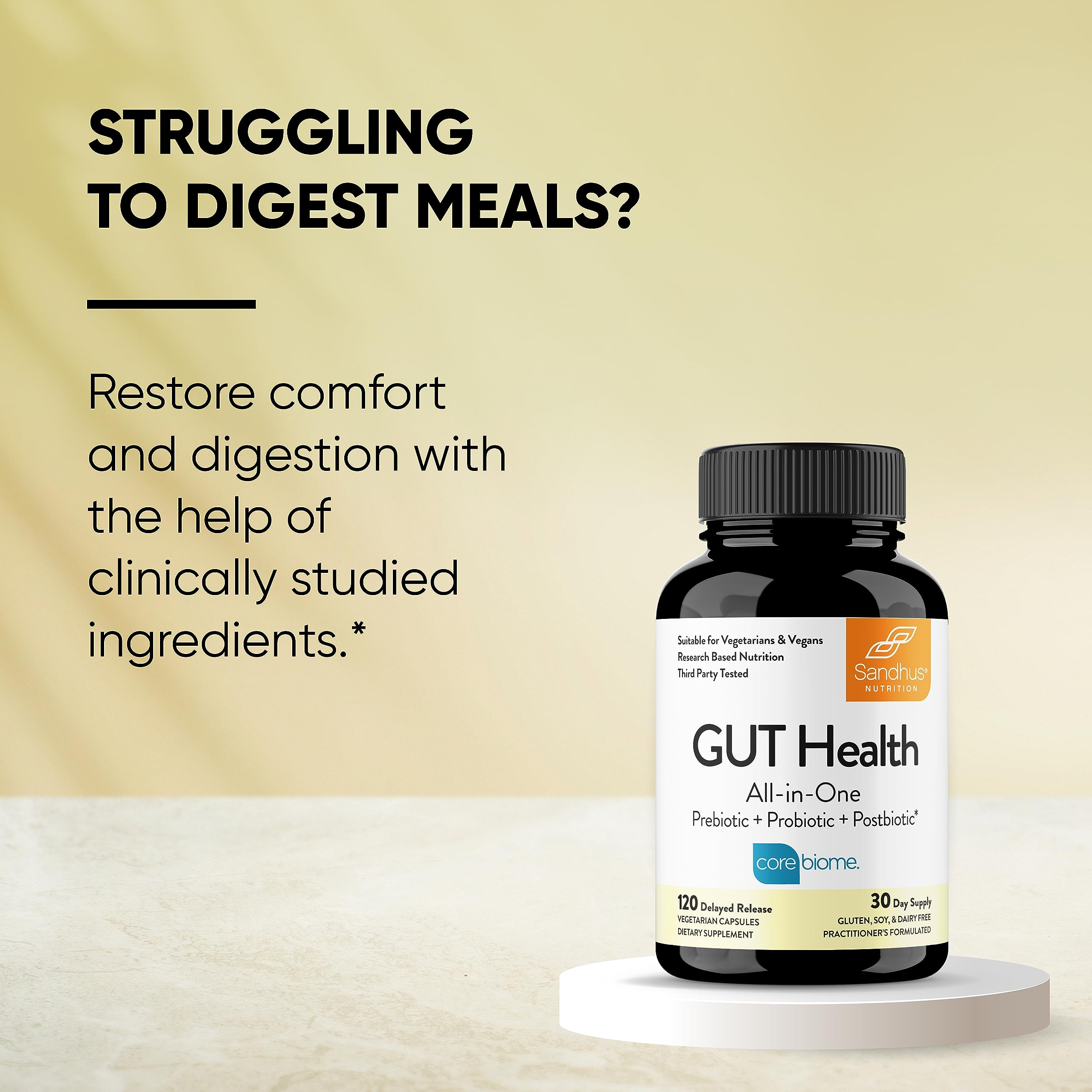 Sandhu's Gut Health capsules in hand illustrate portability.